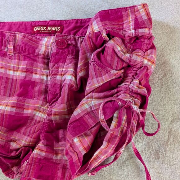 Y2K Guess Plaid Micro Shorts Women's 32 M Pink Ruched Drawstring Bow Vintage - Picture 6 of 9
